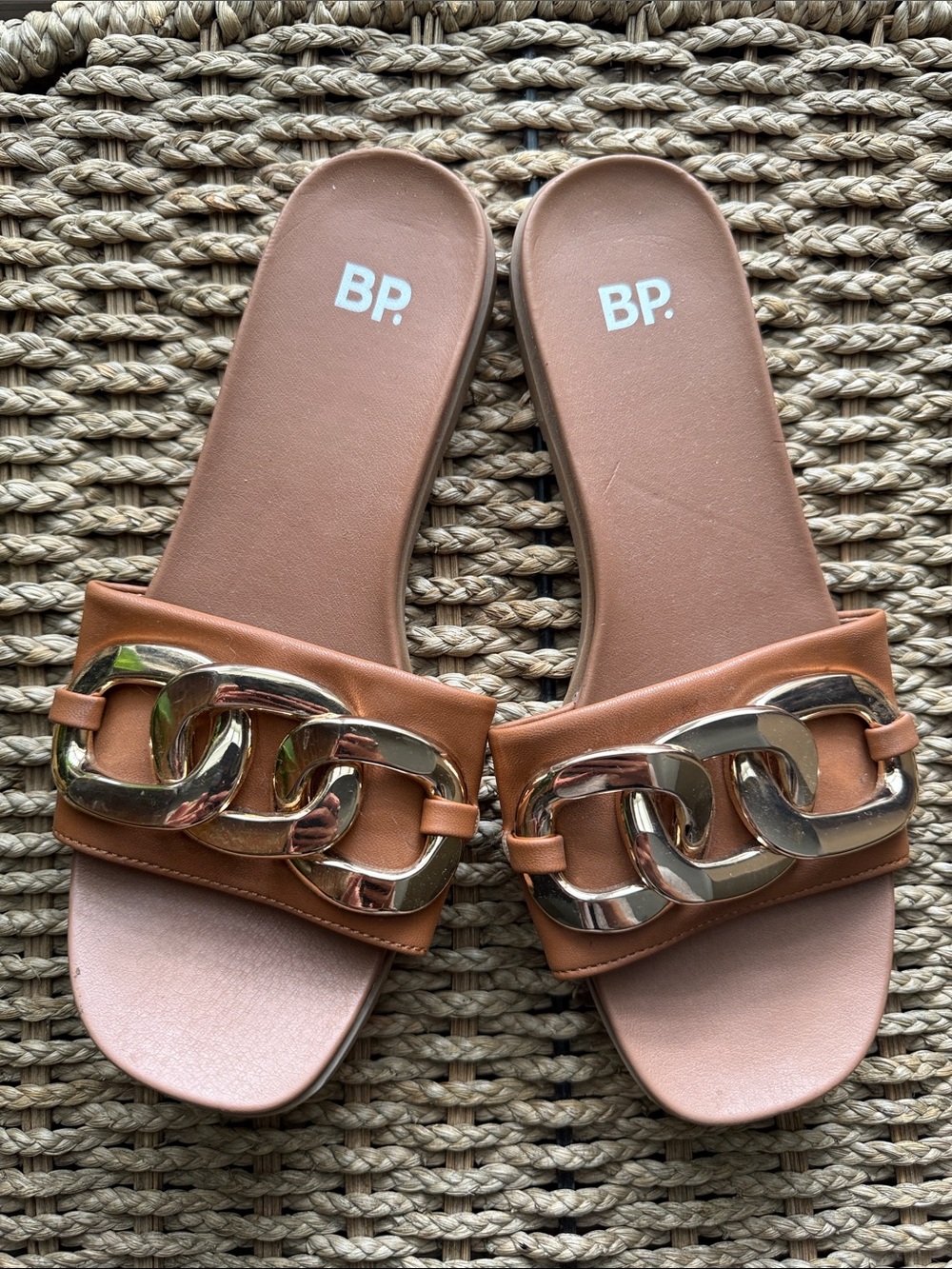 bp Tan Slip-On Chain-Detail Slide Sandals